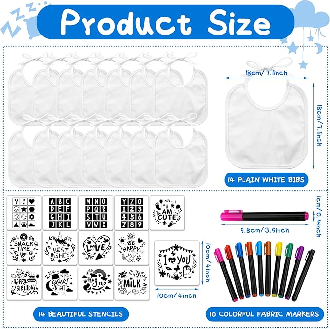 Jutom 38 Pcs DIY Baby Bibs Decorating Kit 14 Bibs 14 Stencils 10 Fabric Markers 2 Ply Feeder Design Bib for Shower Games