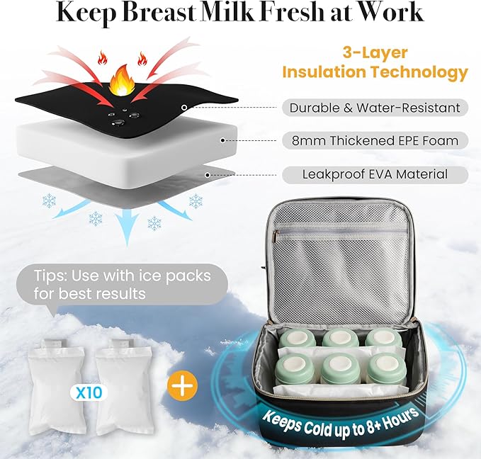 Large Breast Pump Bag for Spectra S1 S2, Double Layer Removable Breast Milk Cooler Bag with 10 Gel Ice Packs & Waterproof Mat, Wearable Pumping Bags for Work Travel & Family, Black