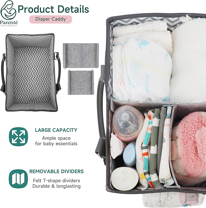 Diaper Caddy Organizer for Baby Essentials, Portable Nursery Storage Bin with Handles, Large Capacity for Diapers, Wipes, Toys, Changing Table or Car, Felt Diaper Organizer