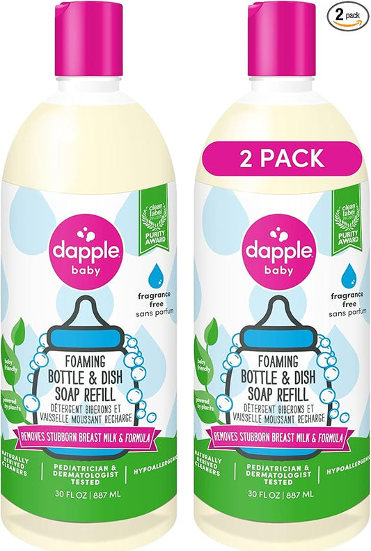 Dapple Baby Fragrance-Free Foaming Bottle & Dish Soap Refill - (2 Pack) 30 fl oz - Plant-Powered Cleaner for Baby Bottles, Pump Parts, and Sippy Cups