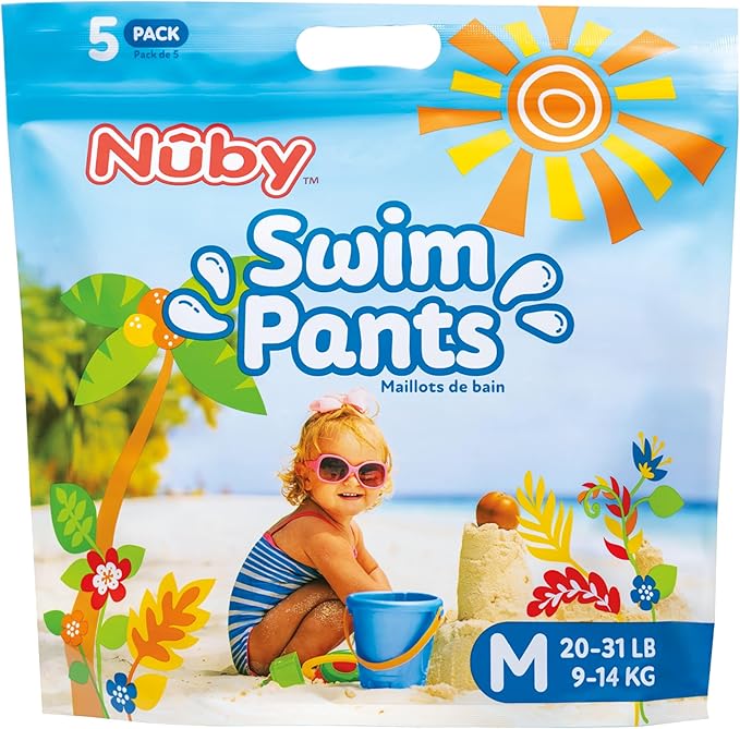 Nuby Swim Pants for Toddlers - 5 Pack - Toddler Swim Diapers with Stretchy Waistline, Tear-Away Sides, Water-Resistant Outer Layer & Leak-Preventing Cuffs - Size Medium (20-31 lbs)
