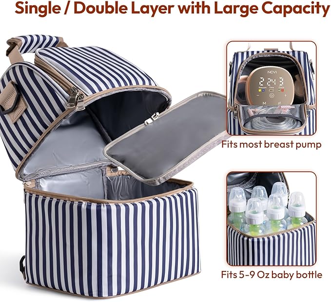 NCVI Breastmilk Cooler Bag with 2 Ice Pack, Breast Pump Bag with Cooler Fits 6 Bottles, Double Layer Breast Milk Baby Bottle Cooler Bag, for Travel, Nursing Mom Daycare, Work, Picnic (Stripe)