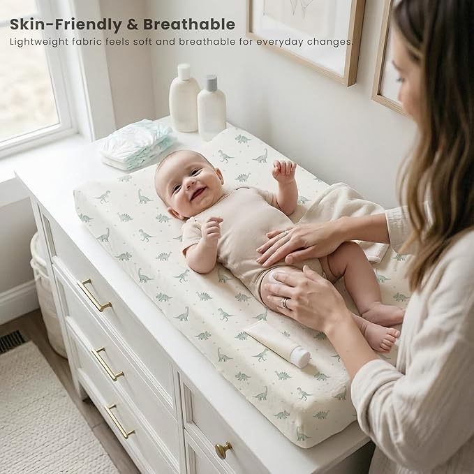 Konssy Silky Soft Changing Pad Cover 3 Pack, Ultra-Stretchy Diaper Changing Table Sheets, Breathable Snug Fit for Standard 32" x 16" Contoured Pads, Boho Neutral Sheets for Boys & Girls (Green Dino)
