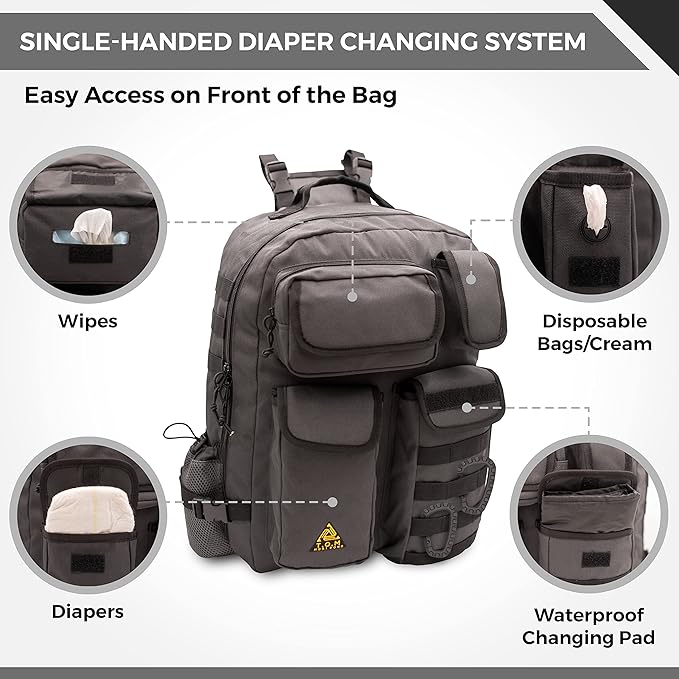 T.O.M HORIZONS Sling Diaper Bag for Dad; Single-handed Diaper Changing System. Changing Pad and much more included