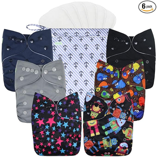 wegreeco Cloth Diapers 6 Pack with 6 Inserts, Washable Cloth Diapers for Babies, One Size Adjustable Reusable (with 1 Wet Bag,Boy Prints)