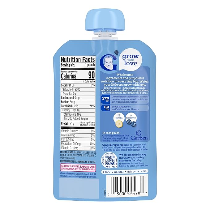 Gerber Stage 2 Baby Food, Banana Blueberry Puree Pouch, 2 Servings of Fruit, No Added Sweetener, No Artificial Colors or Flavors