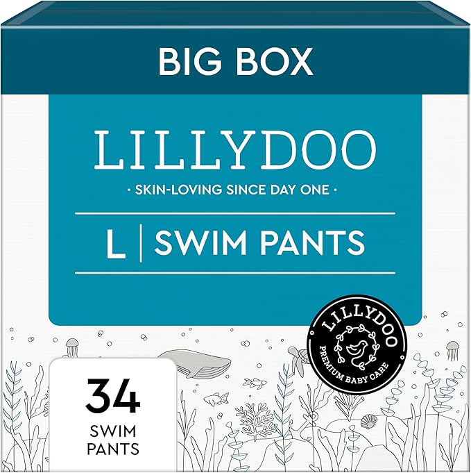 LILLYDOO Baby Swim Diapers - Size Large (31+ lbs), Half-Monthly Supply (34 Count), Blue Whales Design, Skin-Friendly, Perfume- & Chlorine-Free, Hypoallergenic, Dermatologist Tested, Oeko-TEX®
