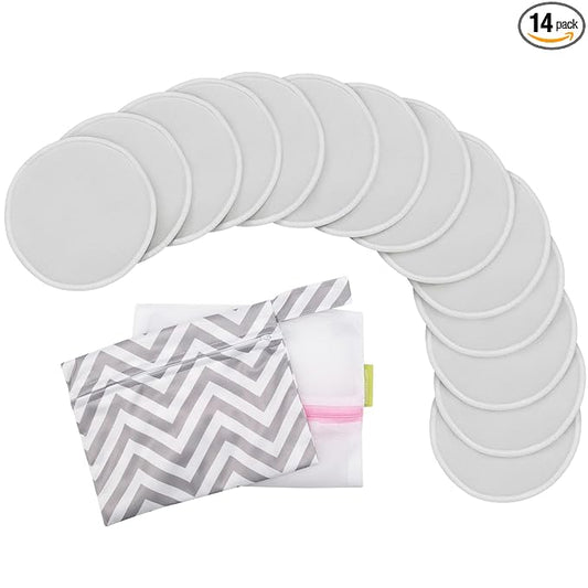 14-Pack Reusable Nursing Pads for Breastfeeding - Soft & Absorbent 4-Layers Washable Breast Pads for Leaking Milk, Viscose from Bamboo Breastfeeding Essentials,Nipple Covers(Cool Gray, L 4.8")