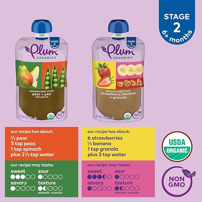Stage 2 Organic Baby Food - Fruit and Veggie Variety Pack - 3.5 oz and 4 oz Pouch (Pack of 8)