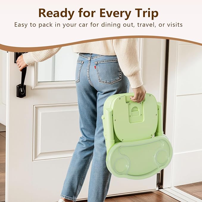 Booster Seat for Kitchen Chair, 3-in-1 Foldable & Portable Booster Seat with Tray, Extra Dishwasher-Safe Tray, Safety Straps for 6–18M (Up to 30 lbs), for Dining Table & Travel, Green