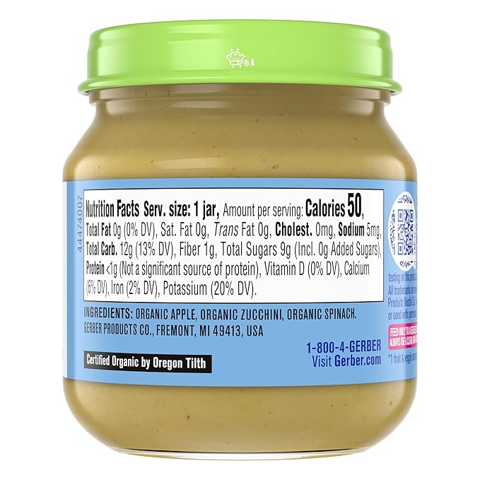 GERBER ORGANIC FOR BABY 2nd Foods Apple Spinach Zucchini 10x4oz