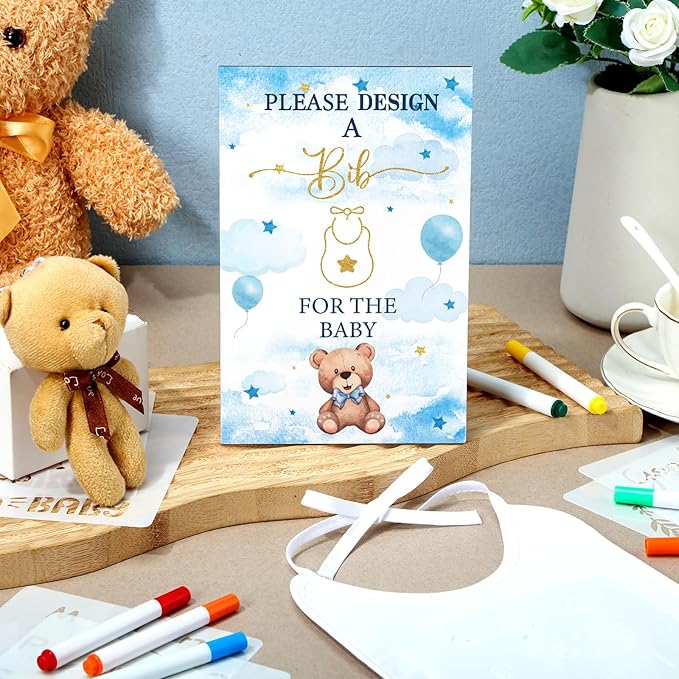 Panitay 100 Pcs DIY Baby Bibs Decorating Kit 50 White Bibs 25 Stencils 24 Markers 1 Baby Shower Game Sign