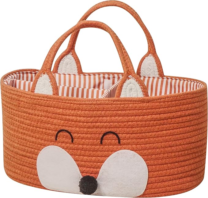 T&T Homewares Diaper Caddy Organizer, Cotton Rope Diaper Caddy Basket, Baby Shower Basket, Nursery Storage Bins, Newborn Caddie- Cat, Fox, Penguin (Orange Fox)