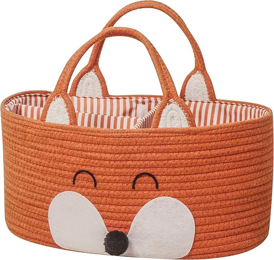 T&T Homewares Diaper Caddy Organizer, Cotton Rope Diaper Caddy Basket, Baby Shower Basket, Nursery Storage Bins, Newborn Caddie- Cat, Fox, Penguin (Orange Fox)