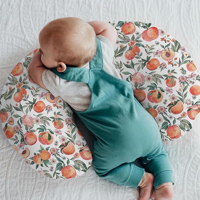 Vintage Peaches Baby Nursing Pillow Covers for Boy Girl Retro Peach Flowers Leaves Nursery Slipcovers for Breastfeeding Pillows Sweet Spring Summer Fruit Soft Stretchy Covers for Newborn Infant