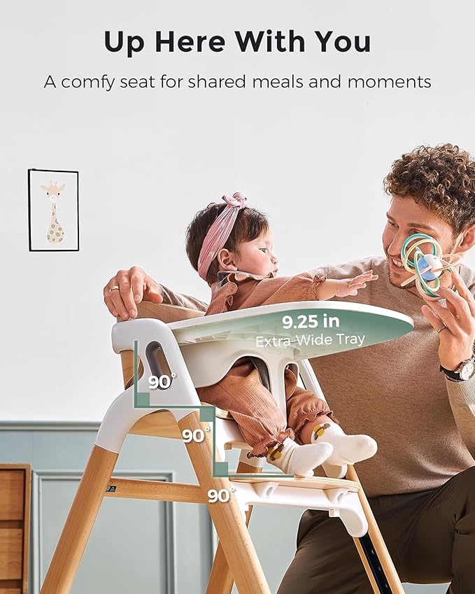 Momcozy DinerPal Wooden High Chair for Babies, Toddlers & Adults Up to 308 Lbs, Convertible Baby Highchair with Food-Grade Tray, Dishwasher-Safe, Adjustable & Ergonomic, Natural Wood