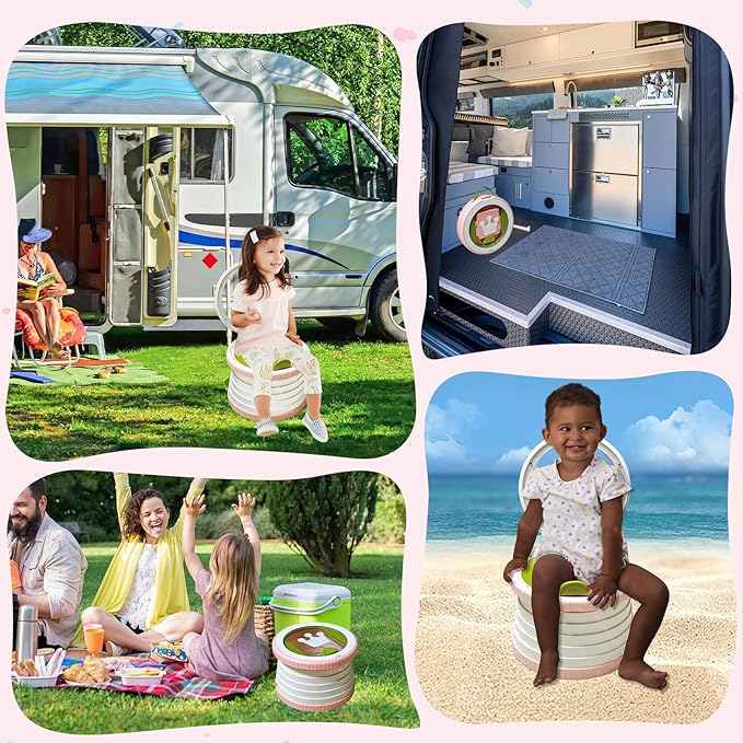 Portable Potty Chair for Toddlers with Splash-Proof Design, Foldable Travel Potty with Bag & 30 Refills - Kids Toilet for Car, Camping, Indoor - Easy Clean Baby Potty Training Seat (White-Pink)