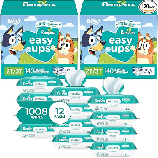 Pampers Easy Ups Pull On Training Pants Boys, 2T-3T, 2 Month Supply (2 x 140 Count) with Sensitive Water Based Baby Wipes 12X Multi Pack Pop-Top and Refill (1008 Count)