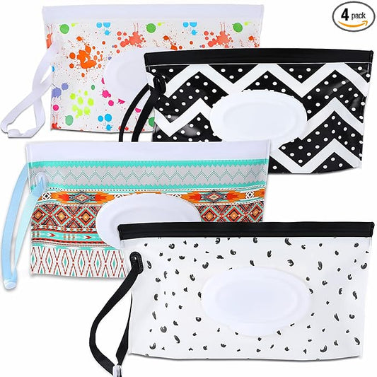 FEBSNOW 4 Pack Baby Refillable Baby Wet Wipe Dispenser, Reusable Wipes Pouch Container, Lightweight Portable Travel Wipes Holders