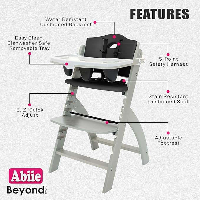 Abiie Beyond Junior Wooden High Chair for Babies and Toddlers - Convertible 3-in-1 Baby Highchair with Removable Tray - 6 Months to 250 Lb - Water Resistant - Misty Grey Wood with Black Pearl Cushion