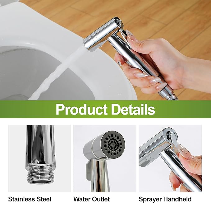 Chrome Bidet Toilet Sprayer Head - Rustless Stainless Steel Handheld Sprayer, Adjustable Water Pressure for Feminine Wash, Diaper/Cloth Washing, Leak-Proof Universal Fit (1PCS)