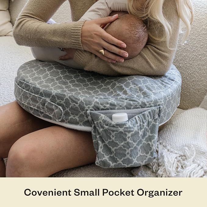 My Brest Friend Nursing Pillow - Deluxe - Enhanced Comfort w/ Slipcover - Ergonomic Design for Ultimate Breastfeeding Support For Mom & Baby - Adjustable Backrest & Handy Side Pocket, Flower Key Gray
