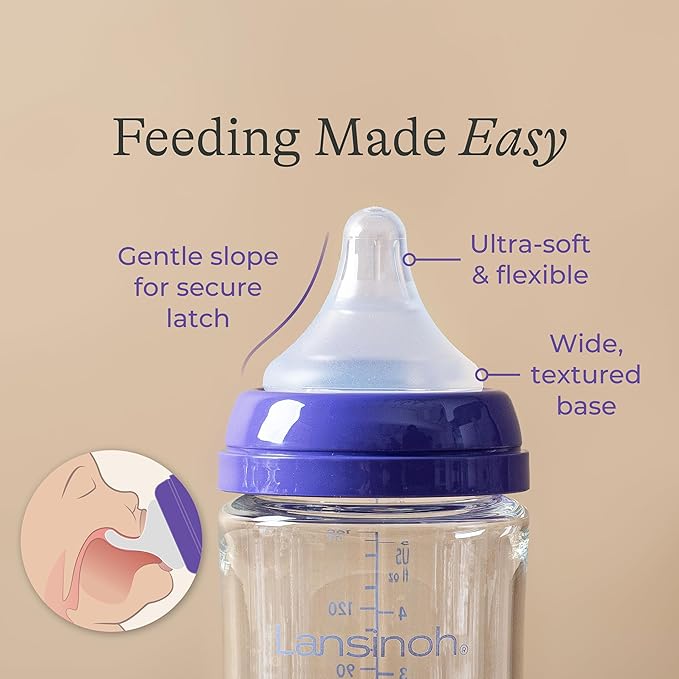 Lansinoh Glass Baby Bottles, Anti-Colic, 5 Ounces, 4 Count Bottles for Feeding, Baby Essentials, Includes 4 Slow Flow Nipples, Size S