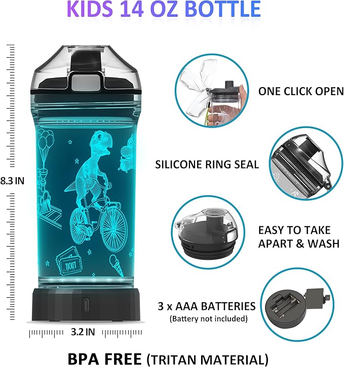 Attivolife Kids Watter Bottle, 3D Illusion LED Light with 7 Color Changing - 14 0z BPA Free - Creative Ideal Travel Cup Dinosaur Gift for School Kid Boy Child Holiday Camping Picnic (DinosaurPark)