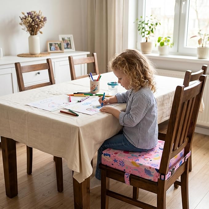 Toddler Booster Seat for Dining Table & Kitchen Chairs - Premium Foam with Non-Slip Bottom & Double Adjustable Straps, Safety Certified, Portable Travel &Easy to Clean (Pink-Mermaid)