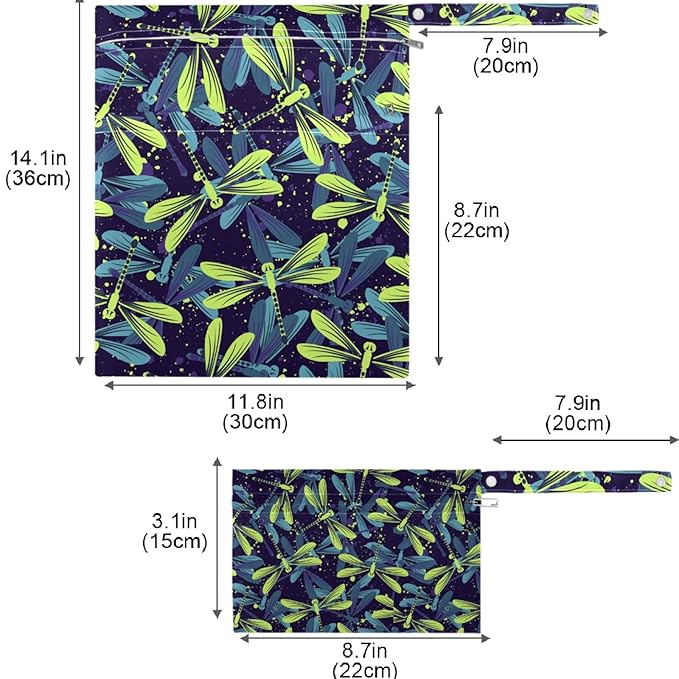 visesunny Blue Yellow Dragonfly Dot 2Pcs Wet Bag with Zippered Pockets Washable Reusable Roomy for Travel,Beach,Pool,Daycare,Stroller,Diapers,Dirty Gym Clothes, Wet Swimsuits, Toiletries