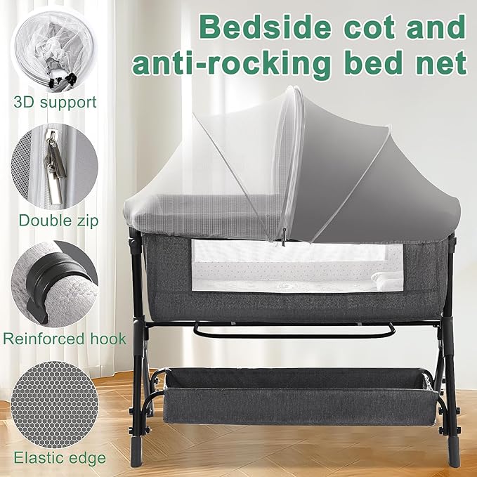 Bassinet Cover for Cats - Blackout Breathable Mosquito Net for Baby Bedside Sleepers & Travel Cribs, 2-Way Zipper Bug Canopy Tent to Block Light & Keep Cats Out (Gray-Small)