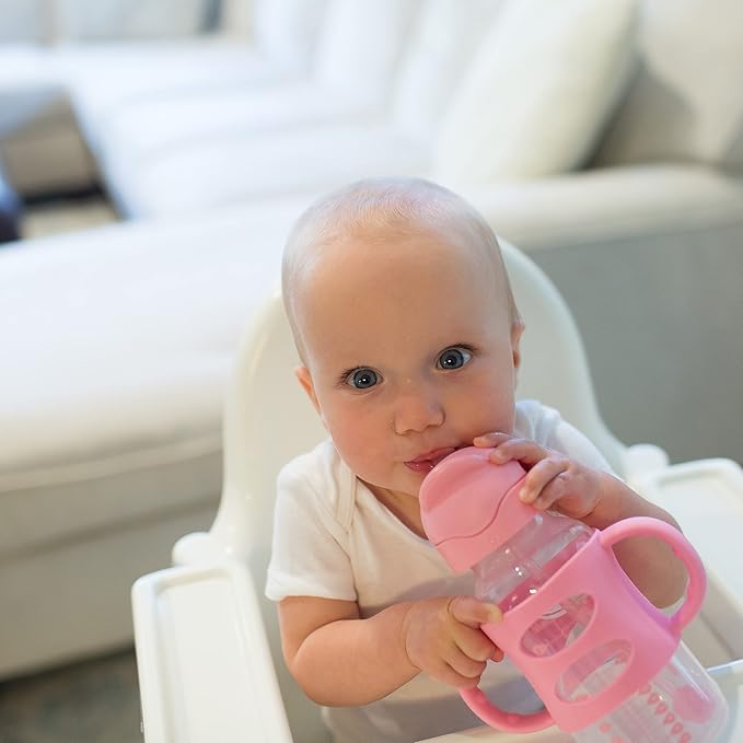 Dr. Brown's Milestones Wide-Neck Sippy Bottle with 100% Silicone Handles & Milestones Wide-Neck Sippy Straw Bottle with 100% Silicone Handles, 9oz/270mL, Gray & Pink, 2 Pack, 6m+
