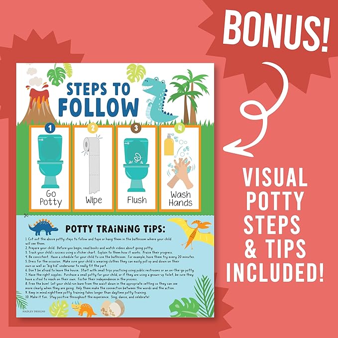 Hadley Designs Potty Training Chart for Toddlers Boys -10 Sticker Potty Chart for Toddlers Boys, 8.5x11" Potty Training Sticker Charts for Toilet Success, Dinosaur Toddler Reward Chart for Kids