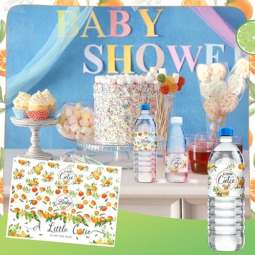 48 Pieces Little Cutie Baby Shower Water Bottle Labels Orange Water Bottle Wrapper Stickers Party Favors Decorations for Boy Girl Baby Shower, 3 Styles