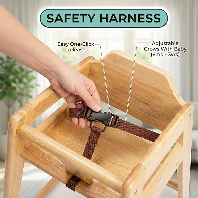 LA Baby Wooden High Chair - Restaurant Style Solid Wood Highchair for Babies and Toddlers - ASTM F404 Safety Certified - Stackable Design - Natural