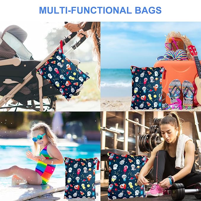 FLOCK THREE Washable and Reusable Wet Bag Diaper Bag Water Resistant Swimming Bag Travel Toiletries Pouch Cute Animal Zippered 12.6'' x 16.5''