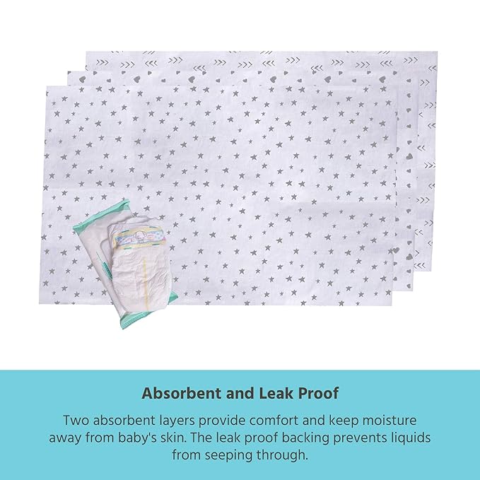 J.L. Childress Healthy Habits Disposable Changing Pads for Babies - Diaper Changing Table Covers, Baby Travel Essentials, Absorbent Liner Pads, Leak-Resistant, 26"x18" - Stars/Hearts/Arrows, 24 Count