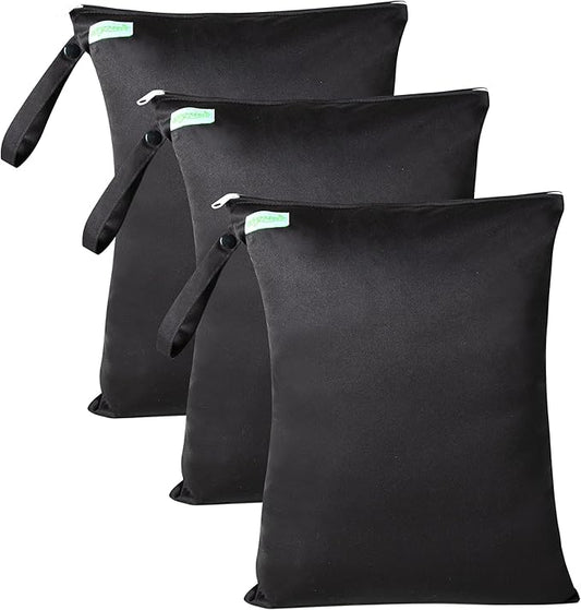 wegreeco Wet Dry Bag for Baby Swimsuit, Small Wet Dry Bag for Clothes Diaper and Breast Pump Parts, Large Baby bag for Travel,Gym Clothes,Beach,Pool,Extra Clothes (Black,3 Pack)