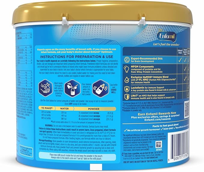 Enfamil Optimum (Enspire), Our Closest Formula to Breast Milk, Immune-Supporting Lactoferrin and Brain-Supporting DHA Baby Formula, Powder 20.5 Oz Tub (Pack of 3)