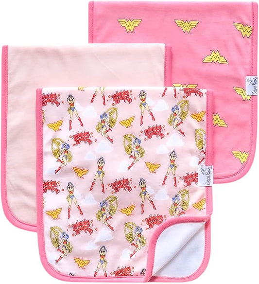 Copper Pearl Premium Baby Burp Cloths - 3-Pack Large Cotton Burp Cloths, Extra Soft Spit Up Rags with 3 Absorbent Layers, Perfect for Baby Girl Gifts (21" x 10" Size, Wonder Woman Set)