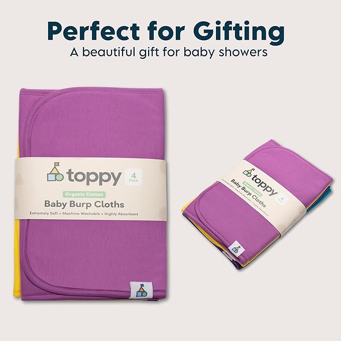 Toppy Organic Cotton Burp Cloths | Soft and Absorbent | Baby Infant Boys and Girls | Large - 21" x 10"
