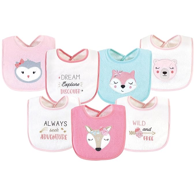 Hudson Baby Unisex Baby Cotton Terry Drooler Bibs with Fiber Filling, Pink Girl Woodland, One Size