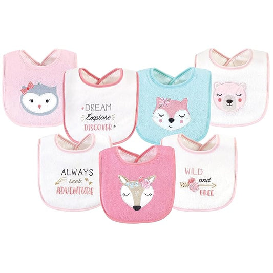 Hudson Baby Unisex Baby Cotton Terry Drooler Bibs with Fiber Filling, Pink Girl Woodland, One Size