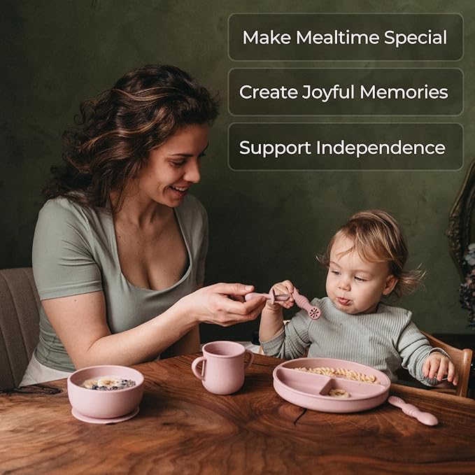 BPA-Free Silicone Baby Feeding Set – Baby Utensils 6–12 Months, Suction Plate & Bowl, Cup, Bib & Training Spoons | Food Grade Silicone, Dishwasher Safe Baby Eating Set