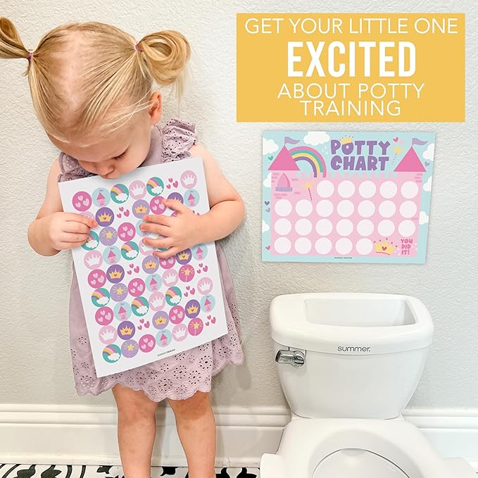Hadley Designs Potty Training Chart for Toddlers Girls -10 Sticker Potty Chart for Toddlers Girls, 8.5x11" Potty Training Sticker Charts for Toilet Success, Princess Toddler Reward Chart for Kids