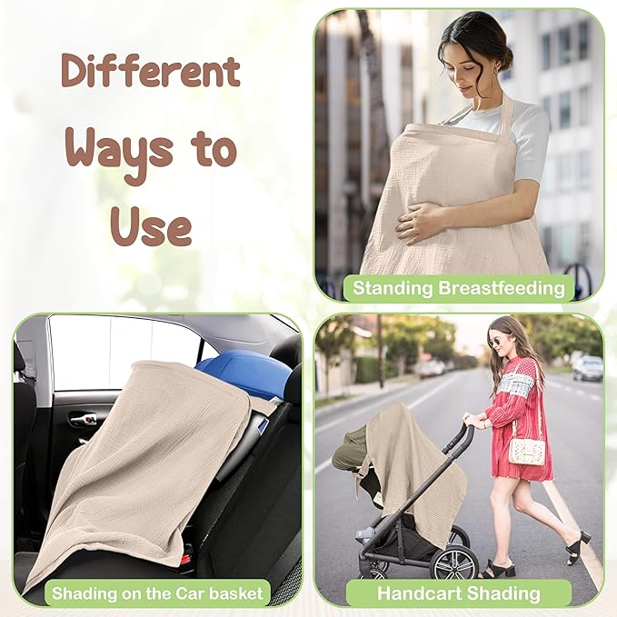 100% Organic Cotton Nursing Cover & Shawl - 43 x 28 Inch Breathable Muslin Breastfeeding Nursing Apron Cover with Arch Neckline for Mothers, Multi-use Carseat Canopy (Ivory)