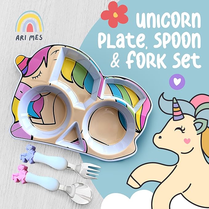 ARI MES - Unicorn Shaped Plate and Utensil Set - Fun, BPA-Free, Shatter- Resistant, Lightweight, Picky Eaters Kids Dinnerware Set, Children's Utensils, Toddler Forks and Spoons