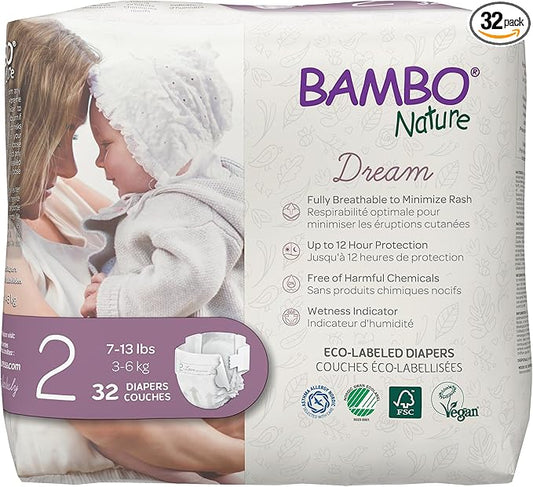 Bambo Nature Premium Eco-Friendly Baby Diapers, Size 2 (7-13 Lbs), 32 Count
