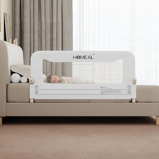HOMEAL Toddlers Bed Rails, 47" Long Swing Down Bed Guard with Double Reinforced Stability, Foldable Metal Safety Rail for King, Queen, Full & Twin Beds, White