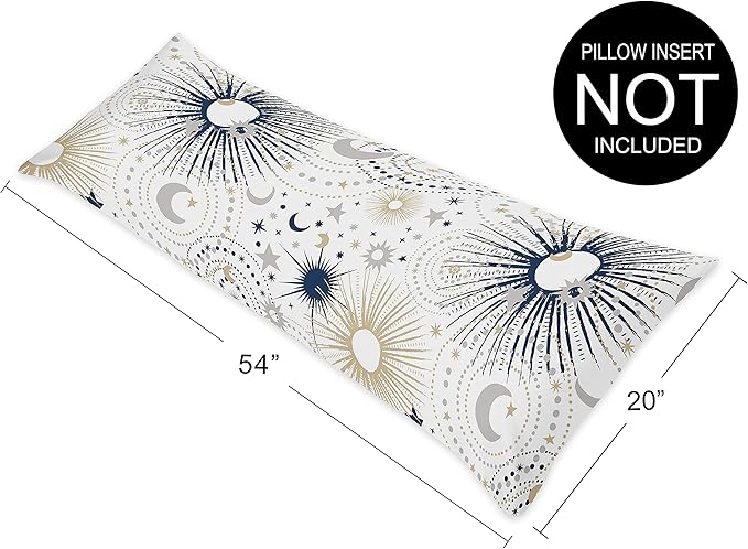 Sweet Jojo Designs Star and Moon Body Pillow Case Cover (Pillow Not Included) - Navy Blue, Gold, and Grey Celestial Sky Stars Gender Neutral Unisex